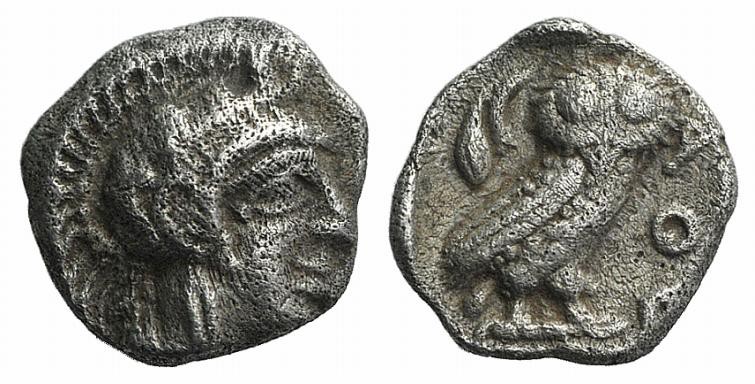 Attica, Athens, c. 454-404 BC. AR Obol (8.5mm, 0.66g, 3h). Helmeted head of Athe...