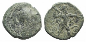 Attica, Athens, c. 87/6 BC. Æ Chalkous (17mm, 5.73g, 12h). Mithradatic War issue. Struck under Mithradates VI of Pontos and Ariston. Helmeted head of ...
