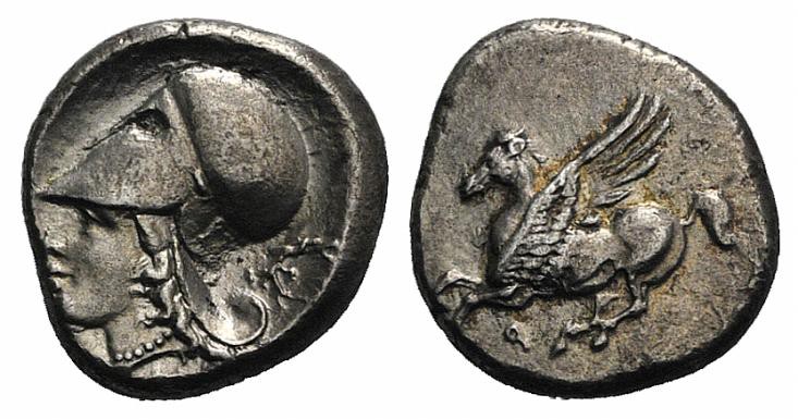 Corinth, c. 345-307 BC, AR Stater (19mm, 8.28g, 6h). Pegasos flying l. R/ Head o...