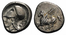 Corinth, c. 345-307 BC, AR Stater (19mm, 8.28g, 6h). Pegasos flying l. R/ Head of Athena l., wearing Corinthian helmet; in r. field, wreath. Pegasi 40...