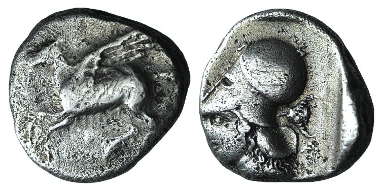 Corinth, c. 300 BC. AR Stater (20mm, 8.09g, 4h). Pegasos flying l. R/ Helmeted h...