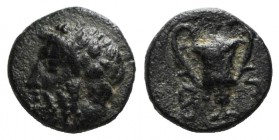 Cyclades, Syros, 3rd-1st centuries BC. Æ (10mm, 1.22g, 12h). Wreathed head of Dionysos l. R/ Kantharos. SNG Copenhagen -; cf. Laffaille 134 (symbols)....