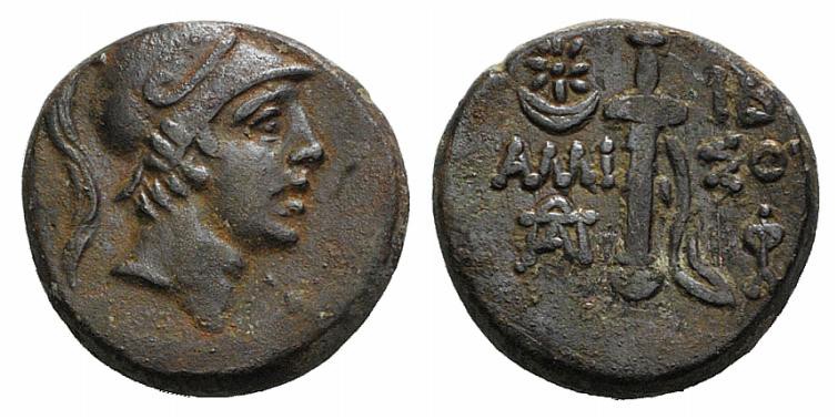 Pontos, Amisos, c. 111-90 BC. Æ (20mm, 7.83g, 12h). Helmeted head of Athena r. R...