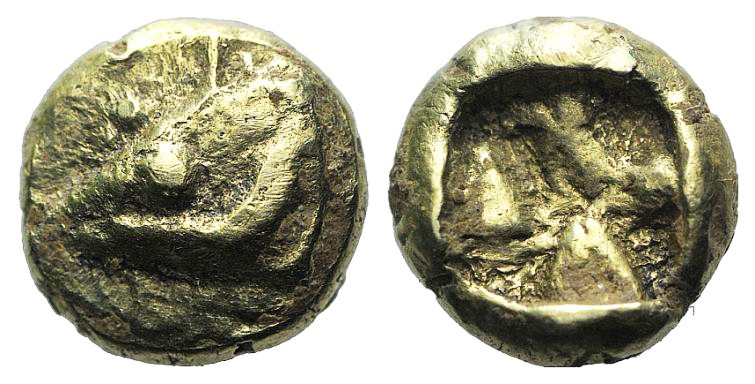 Mysia, Kyzikos, c. 600-550 BC. EL Hemihekte – Twelfth Stater (7mm, 1.17g). Head ...