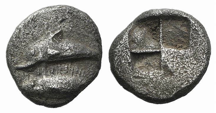 Mysia, Kyzikos, c. 550-500 BC. AR Obol (8mm, 0.91g). Dolphin l. above tunny. R/ ...