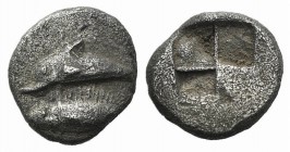 Mysia, Kyzikos, c. 550-500 BC. AR Obol (8mm, 0.91g). Dolphin l. above tunny. R/ Quadripartite incuse square. Unpublished in the standard references. P...
