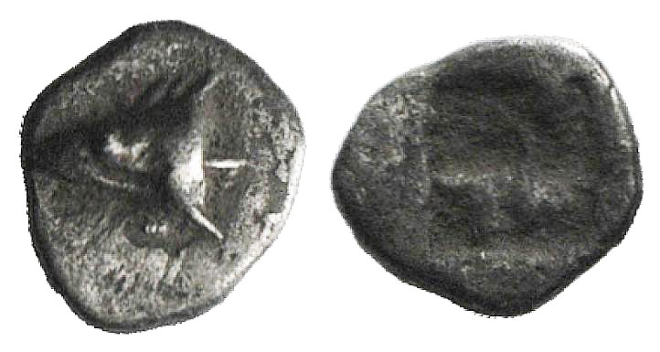 Mysia, Kyzikos, c. 500 BC. AR Hemiobol (8mm, 0.44g). Head of tunny r. R/ Quadrip...