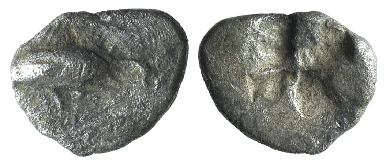 Mysia, Kyzikos, c. 6th century BC. AR Obol (9mm, 0.49g). Tunny l. R/ Quadriparti...