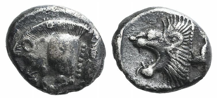 Mysia, Kyzikos, c. 450-400 BC. AR Diobol (9mm, 1.10g, 12h). Forepart of boar l.;...