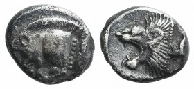 Mysia, Kyzikos, c. 450-400 BC. AR Diobol (9mm, 1.10g, 12h). Forepart of boar l.; to r., tunny upward. R/ Head of roaring lion l. within incuse square....