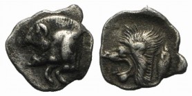 Mysia, Kyzikos, c. 450-400 BC. AR Hemiobol (8.5mm, 0.44g, 9h). Forepart of boar l.; tunny to r. R/ Head of lion l. Von Fritze II, 9; SNG BnF 373. VF