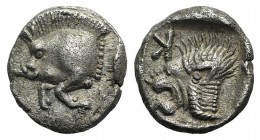 Mysia, Kyzikos, c. 450-400 BC. AR Obol (9mm, 0.80g, 6h). Forepart of boar l.; to r., tunny upward. R/ Head of lion l. within incuse square; K above. S...