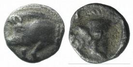 Mysia, Kyzikos, c. 525-475 BC. AR Tetartemorion (6mm, 0.28g, 12h). Forepart of boar l.; tunny to r. R/ Head of roaring lion l., within incuse square. ...