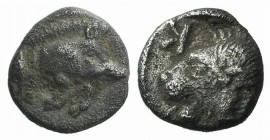 Mysia, Kyzikos, c. 450-400 BC. AR Hemiobol (6mm, 0.39g, 7h). Forepart of boar r.; tunny to l. R/ Head of roaring lion l., retrograde K to l.; all with...