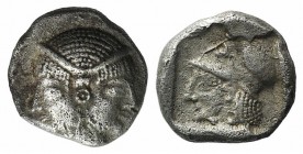 Mysia, Lampsakos, c. 500-450. AR Diobol (9mm, 1.20g, 12h). Female janiform head. R/ Helmeted head of Athena l. within incuse square. SNG BnF 1126. Nea...