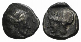 Mysia, Lampsakos, c. 500-450. AR Diobol (9mm, 1.17g, 9h). Female janiform head. R/ Helmeted head of Athena l. within incuse square. SNG BnF 1126. Dark...