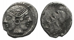Mysia, Lampsakos, c. 500-450 BC. AR Obol (9mm, 0.71g, 12h). Female janiform head. R/ Helmeted head of Athena l. within incuse square. SNG BnF 1128-31....