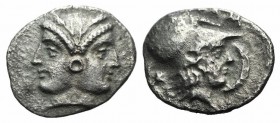 Mysia, Lampsakos, 4th-3rd centuries BC. AR Diobol (11mm, 1.01g, 6h). Female janiform head. R/ Head of Athena r., wearing crested Corinthian helmet. SN...
