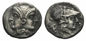 Mysia, Lampsakos, 4th-3rd centuries BC. AR Diobol (10mm, 1.06g, 6h). Female janiform head; KPA across neck truncation. R/ Head of Athena r., wearing c...