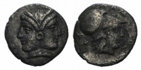 Mysia, Lampsakos, 4th-3rd centuries BC. AR Diobol (10mm, 1.01g, 7h). Female janiform head. R/ Head of Athena r., wearing crested Corinthian helmet; cr...