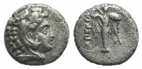 Mysia, Pergamon, c. 310-282 BC. AR Diobol (9mm, 1.30g, 12h). Head of Herakles r., wearing lion skin. R/ Athena Promachos standing facing. SNG BnF 1558...