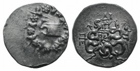 Mysia, Pergamon, c. 166-67 BC. AR Cistophoric Tetradrachm (27mm, 12.38g, 12h). Cista mystica with serpent; all within ivy wreath. R/ Bow-case with ser...