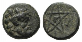 Mysia, Pitane, 4th-3rd centuries BC. Æ (11mm, 2.40g). Head of Zeus-Ammon r. R/ Pentagram. SNG BnF 2349-55; BMC 2-3. Green patina, VF