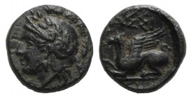 Troas, Assos, c. 400-241 BC. Æ (9mm, 1.57g, 12h). Helmeted and laureate head of Athena l. R/ Griffin seated l. SNG Tübingen 2568. Green patina, VF