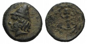Troas, Birytis, c. 350-300 BC. Æ (11mm, 1.12g, 12h). Head of Kabeiros l., wearing pileos; two stars above. R/ Club within wreath. SNG Copenhagen 249. ...