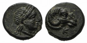 Troas, Kebren, c. 4th century BC. Æ (8.5mm, 1.18g, 12h). Laureate head of Apollo r. R/ Ram's head r., K below. SNG Copenhagen 263. Green patina, Good ...