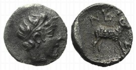 Troas, Neandria, 4th century BC. AR Obol (8mm, 0.54g, 3h). Laureate head of Apollo r. R/ Ram standing r. in shallow incuse square. SNG München 293; SN...