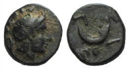 Troas, Sigeion, c. 4th-3rd centuries BC. Æ (8mm, 0.92g, 9h). Helmeted head of Athena r. R/ Ethnic and crescent. SNG Copenhagen 499-500. Green patina, ...