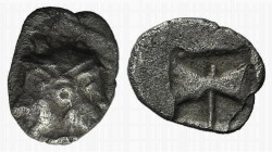 Islands of Troas, Tenedos, c. 450-387 BC. AR Obol (8mm, 0.54g, 9h). Janiform female and male heads. R/ Labrys (double axe) within shallow incuse squar...