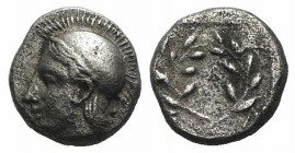 Aeolis, Elaia, c. 450-400 BC. AR Diobol (9mm, 1.28g, 6h). Helmeted head of Athena l. R/ Laurel wreath within incuse square. SNG Copenhagen 166. Porous...