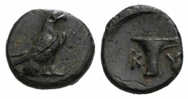 Aeolis, Kyme, c. 350-320 BC. Æ (10mm, 1.38g, 9h). Eagle standing r. R/ One-handled vase. SNG Copenhagen 41-3; SNG von Aulock 1625. Dark patina, VF