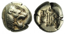 Lesbos, Mytilene, c. 521-478 BC. EL Hekte (9mm, 2.52g). Head of roaring lion r. R/ Incuse head of calf r., within rectangular punch. Bodenstedt 13; HG...
