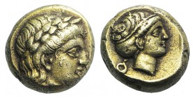 Lesbos, Mytilene, c. 377-326 BC. EL Hekte – Sixth Stater (8mm, 2.55g, 6h). Laureate head of Apollo r.; [small serpent behind neck]. R/ Head of Artemis...