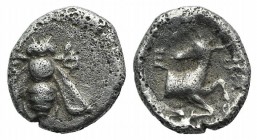 Ionia, Ephesos, c. 390-380 BC. AR Obol (8mm, 0.77g, 12h). Bee; E-Φ flanking. R/ Forepart of stag right; E-Φ flanking; all within incuse circle. SNG Co...