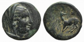 Ionia, Ephesos (as Arsinoeia), c. 290-281 BC. Æ (16mm, 4.56g, 12h). Uncertain magistrate. Veiled bust of Arsinoe II r. R/ Stag kneeling l., head rever...