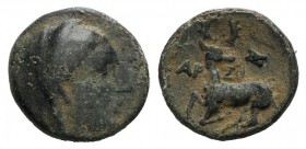 Ionia, Ephesos (as Arsinoeia), c. 290-281 BC. Æ (15mm, 3.62g, 11h). Uncertain magistrate. Veiled bust of Arsinoe II r. R/ Stag kneeling l., head rever...