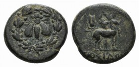 Ionia, Ephesos, late 2nd-early 1st century BC. Æ (13mm, 2.27g, 12h). […]osid[…], magistrate. Bee in wreath. R/ Stag standing r. before long torch; Isi...