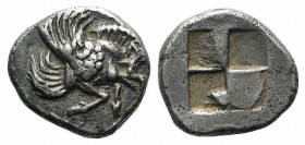 Ionia, Klazomenai, c. 480-400 BC. AR Diobol (10mm, 1.10g). Forepart of winged boar r. R/ Quadripartite incuse square. SNG München 451; SNG Kayhan 334;...