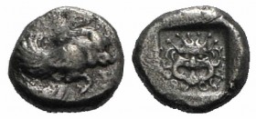 Ionia, Klazomenai, c. 480-400 BC. AR Diobol (10mm, 1.09g, 6h). Forepart of winged boar r. R/ Gorgoneion within incuse square. SNG Copenhagen 12. Rare,...