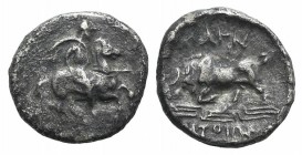Ionia, Magnesia ad Maeandrum, c. 350-325 BC. AR Obol (10mm, 0.64g, 12h). Pithios, magistrate. Horseman with couched lance r. R/ Bull butting l.; maean...