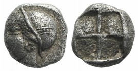 Ionia, Phokaia, c. 521-478 BC. AR Diobol (8mm, 1.29g). Archaic female head l. R/ Quadripartite incuse square. Klein 452-3. VF