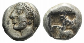 Ionia, Phokaia, c. 521-478 BC. AR Diobol (8mm, 1.31g). Archaic female head l. R/ Quadripartite incuse square. Klein 452-3. Good Fine - VF