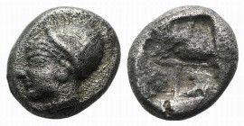 Ionia, Phokaia, c. 521-478 BC. AR Diobol (8mm, 1.21g). Archaic female head l. R/ Quadripartite incuse square. Klein 452-3. Near VF