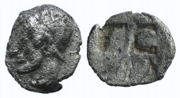 Ionia, Phokaia, c. 521-478 BC. AR Obol (9mm, 0.56g). Female head l., wearing helmet or close fitting cap. R/ Quadripartite incuse square. Cf. SNG Kayh...