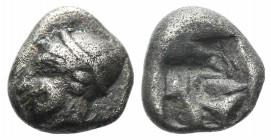 Ionia, Phokaia, c. 521-478 BC. AR Obol (6mm, 0.64g). Female head l., wearing helmet or close fitting cap. R/ Quadripartite incuse square. Cf. SNG Kayh...