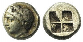Ionia, Phokaia, c. 387-326 BC. EL Hekte – Sixth Stater (10mm, 2.53g). Wreathed head of young Pan l., wearing wreath of ivy; seal below. R/ Quadriparti...